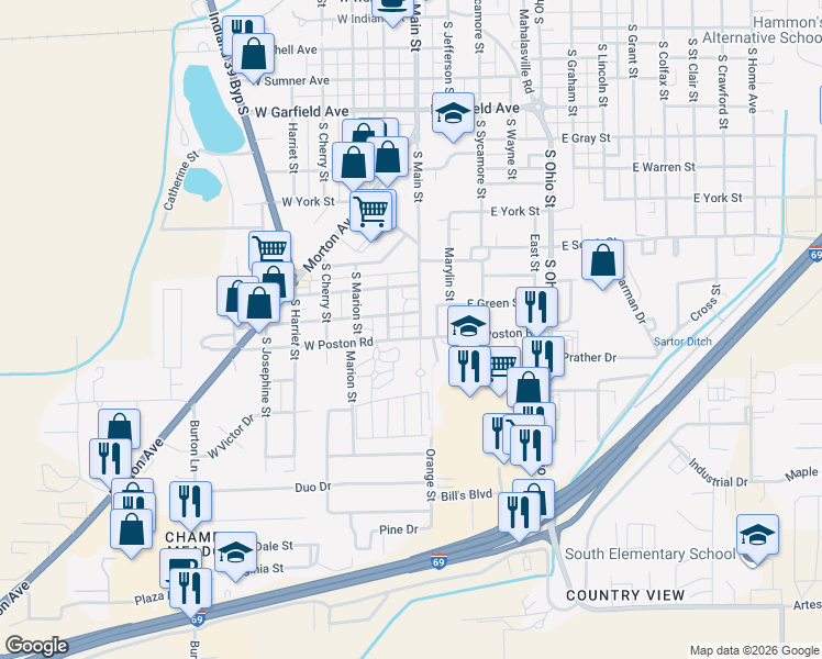 map of restaurants, bars, coffee shops, grocery stores, and more near 1460 S Main St in Martinsville