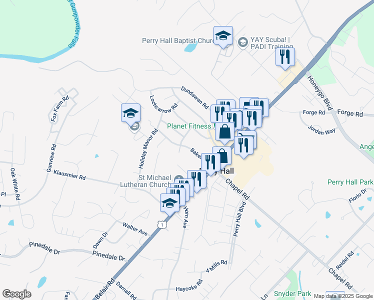 map of restaurants, bars, coffee shops, grocery stores, and more near 4123 Baker Lane in Nottingham