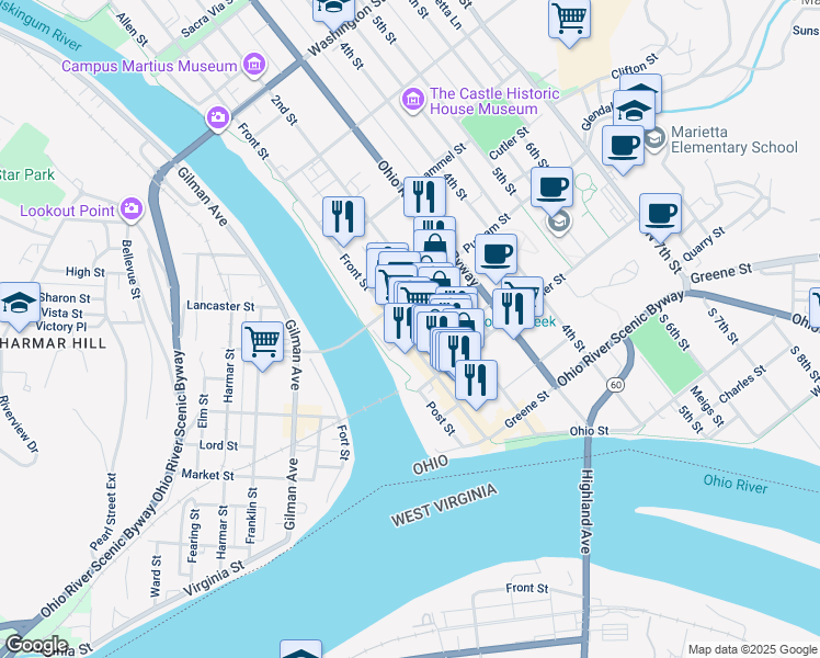 map of restaurants, bars, coffee shops, grocery stores, and more near 274 Front Street in Marietta