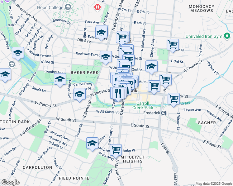 map of restaurants, bars, coffee shops, grocery stores, and more near 30 West Patrick Street in Frederick