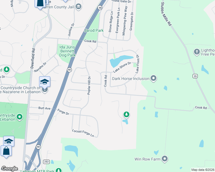 map of restaurants, bars, coffee shops, grocery stores, and more near 1179 Lake Field Drive in Lebanon