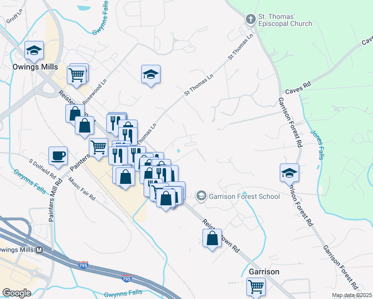 map of restaurants, bars, coffee shops, grocery stores, and more near 10 Woodstream Court in Garrison