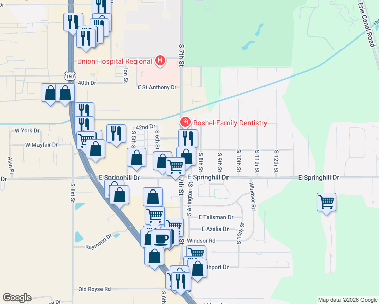 map of restaurants, bars, coffee shops, grocery stores, and more near E McCampbell Dr in Terre Haute
