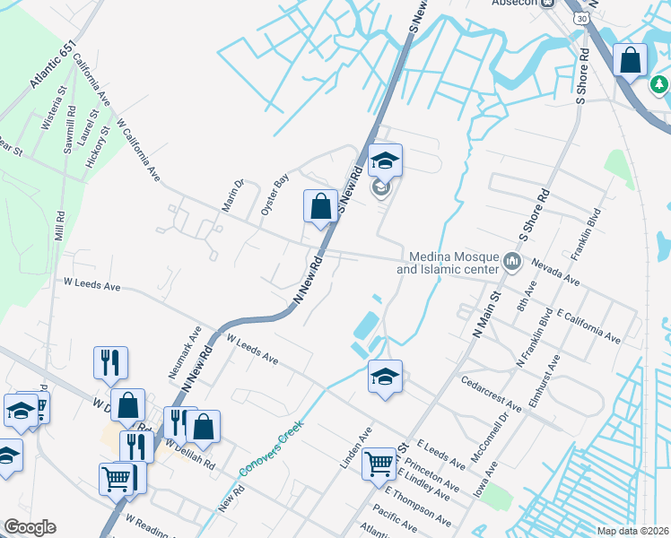 map of restaurants, bars, coffee shops, grocery stores, and more near 154 Manor Drive in Absecon