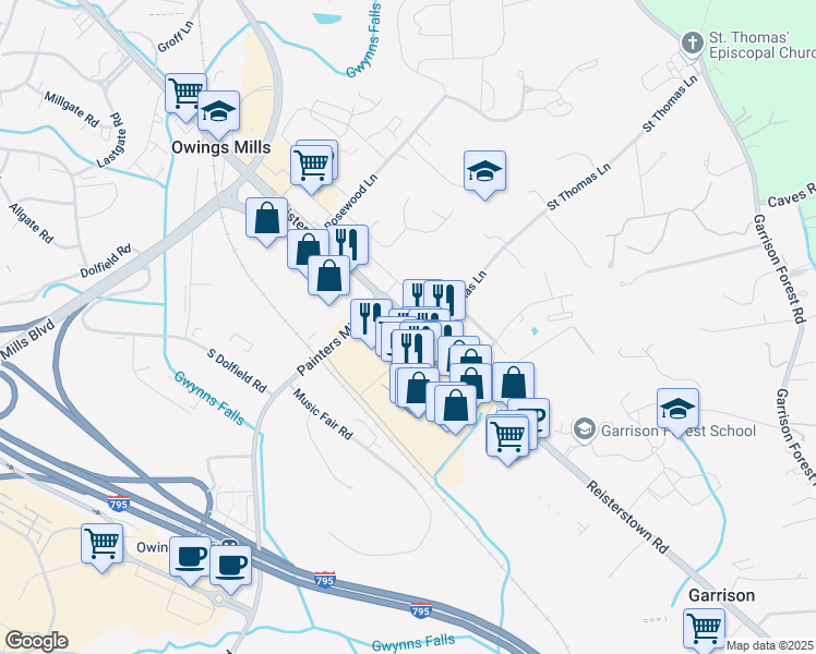 map of restaurants, bars, coffee shops, grocery stores, and more near 10100 Reisterstown Road in Owings Mills