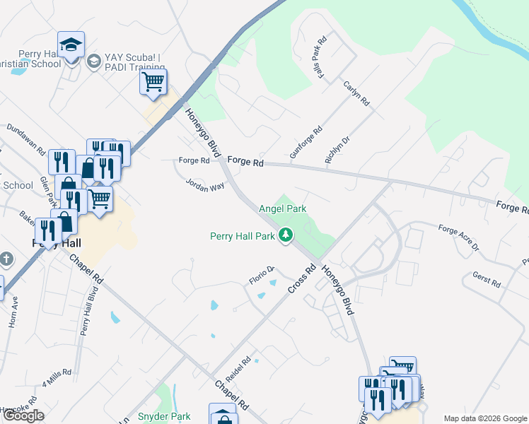 map of restaurants, bars, coffee shops, grocery stores, and more near 9650 Honeygo Boulevard in Perry Hall