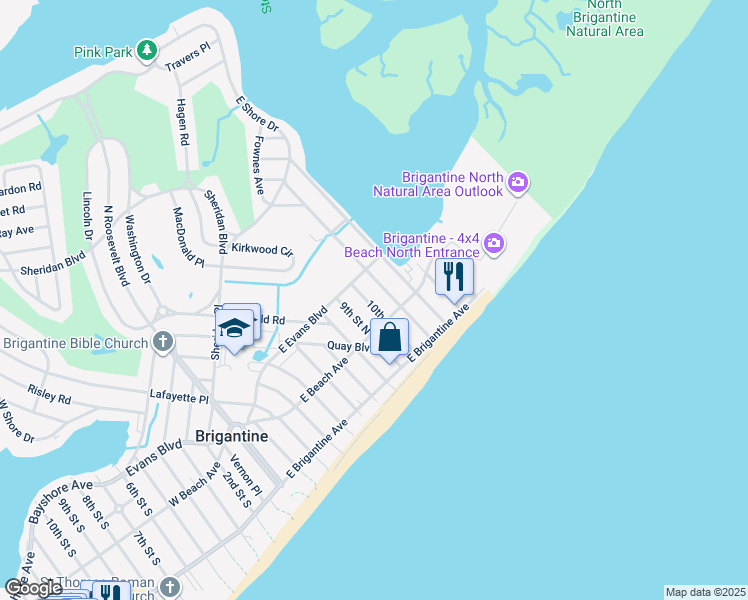 map of restaurants, bars, coffee shops, grocery stores, and more near 104 10th Street North in Brigantine