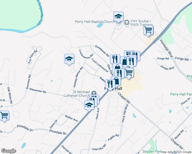 map of restaurants, bars, coffee shops, grocery stores, and more near 4123 Baker Lane in Nottingham