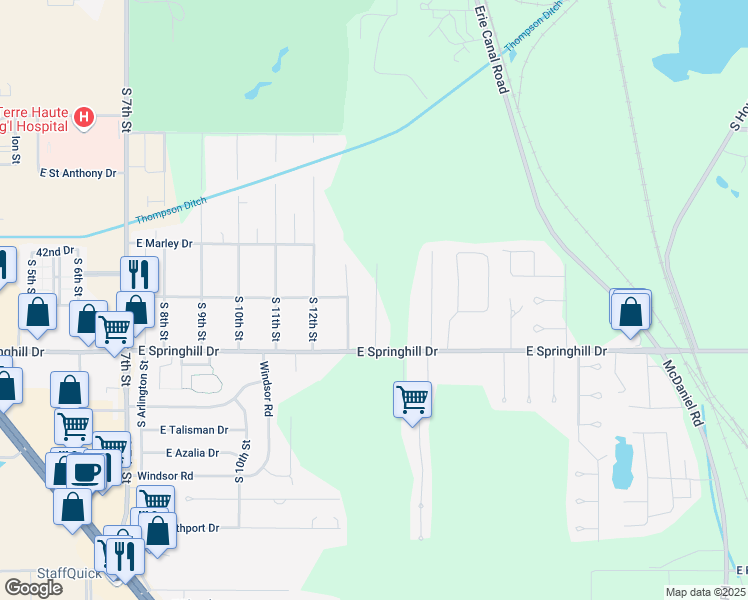 map of restaurants, bars, coffee shops, grocery stores, and more near 4200-4498 South Hilton Street in Terre Haute