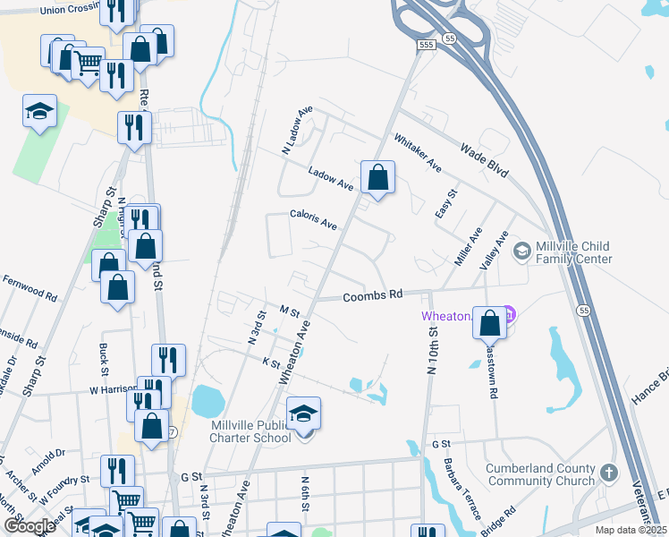 map of restaurants, bars, coffee shops, grocery stores, and more near 1801 Wheaton Avenue in Millville