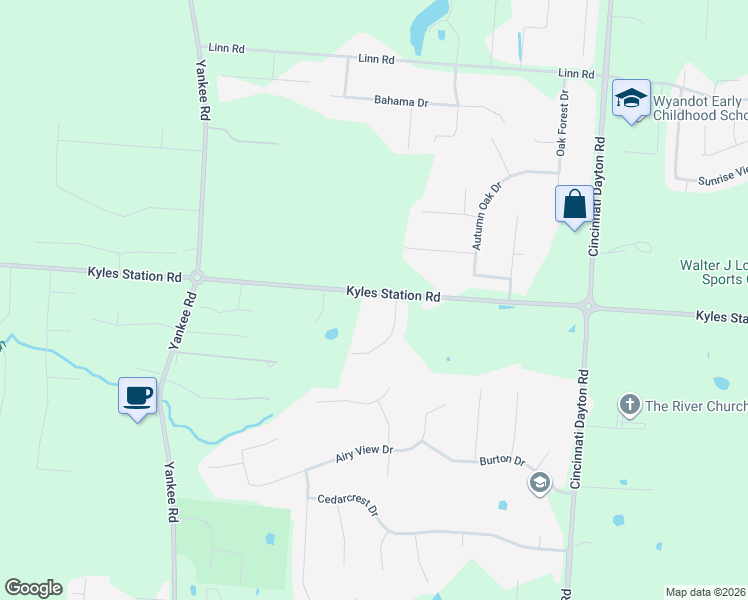 map of restaurants, bars, coffee shops, grocery stores, and more near 7291 Kyles Station Road in Middletown