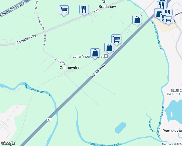 map of restaurants, bars, coffee shops, grocery stores, and more near 12140 Pulaski Highway in Baltimore County