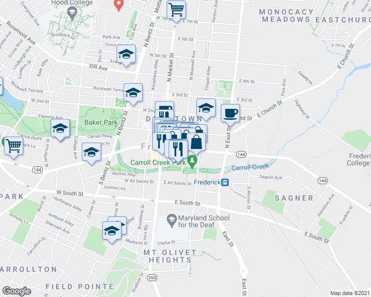map of restaurants, bars, coffee shops, grocery stores, and more near 103 East Patrick Street in Frederick