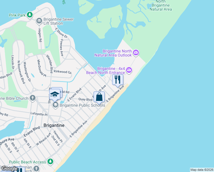 map of restaurants, bars, coffee shops, grocery stores, and more near 203a 12th Street North in Brigantine