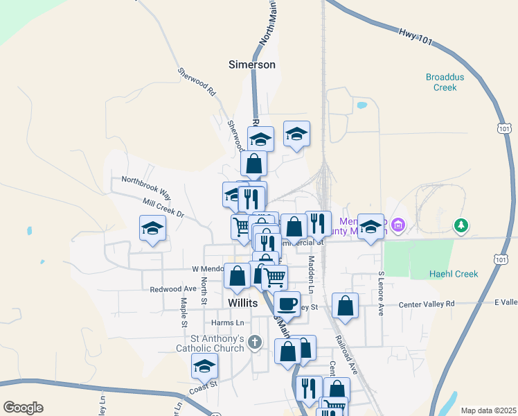map of restaurants, bars, coffee shops, grocery stores, and more near 120 North Main Street in Willits