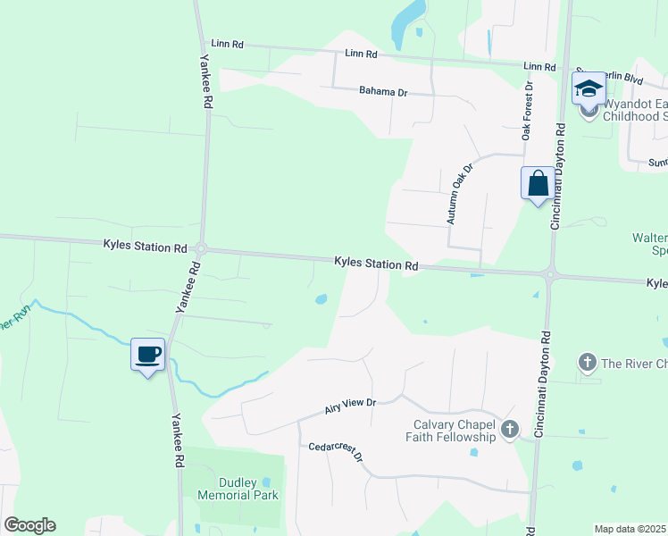 map of restaurants, bars, coffee shops, grocery stores, and more near 7249 Kyles Station Road in Butler County