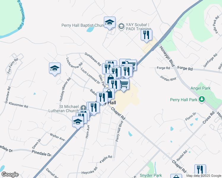 map of restaurants, bars, coffee shops, grocery stores, and more near 9620 Belair Road in Nottingham