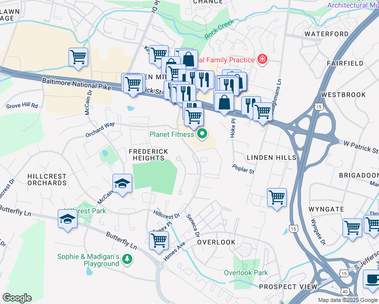 map of restaurants, bars, coffee shops, grocery stores, and more near 1 Consett Place in Frederick