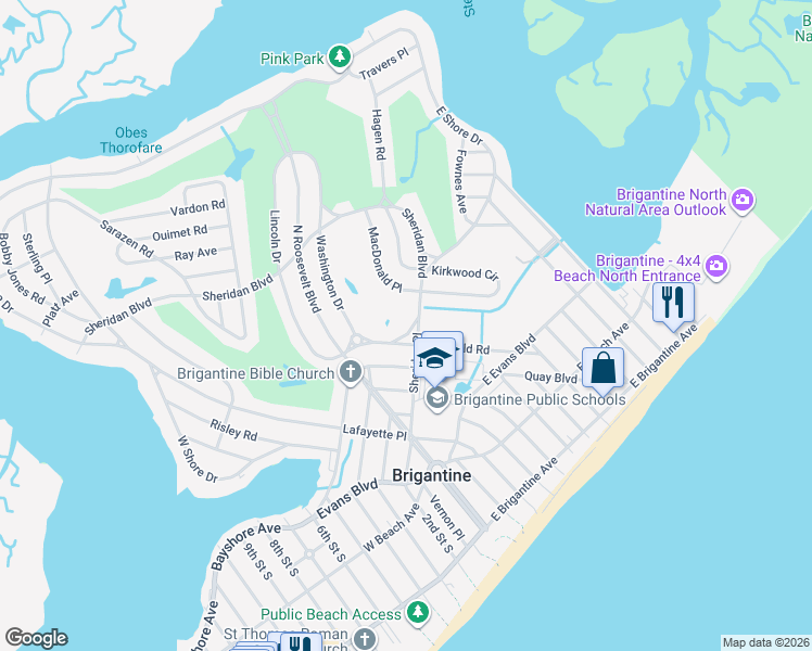 map of restaurants, bars, coffee shops, grocery stores, and more near 29 Heald Circle in Brigantine