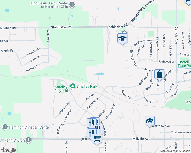 map of restaurants, bars, coffee shops, grocery stores, and more near 395 Rockford Drive in Hamilton