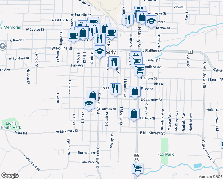 map of restaurants, bars, coffee shops, grocery stores, and more near 510 South Clark Street in Moberly