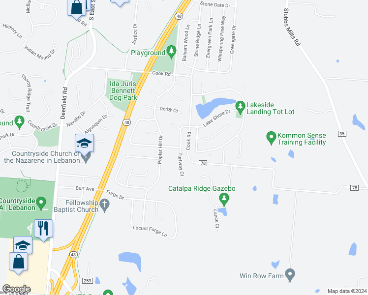 map of restaurants, bars, coffee shops, grocery stores, and more near 1186 Turfway Court in Lebanon
