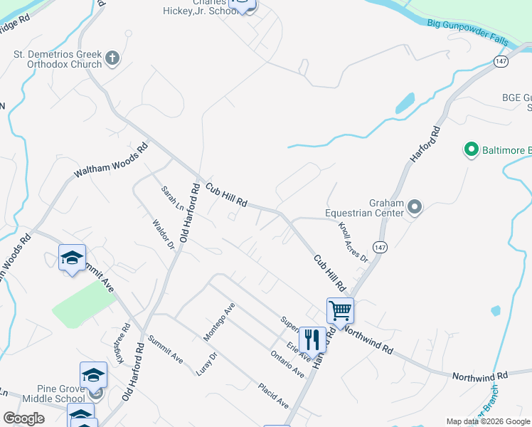 map of restaurants, bars, coffee shops, grocery stores, and more near 2829 Cub Hill Road in Parkville