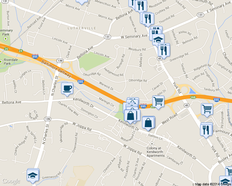 map of restaurants, bars, coffee shops, grocery stores, and more near 119 Warwick Drive in Lutherville-Timonium