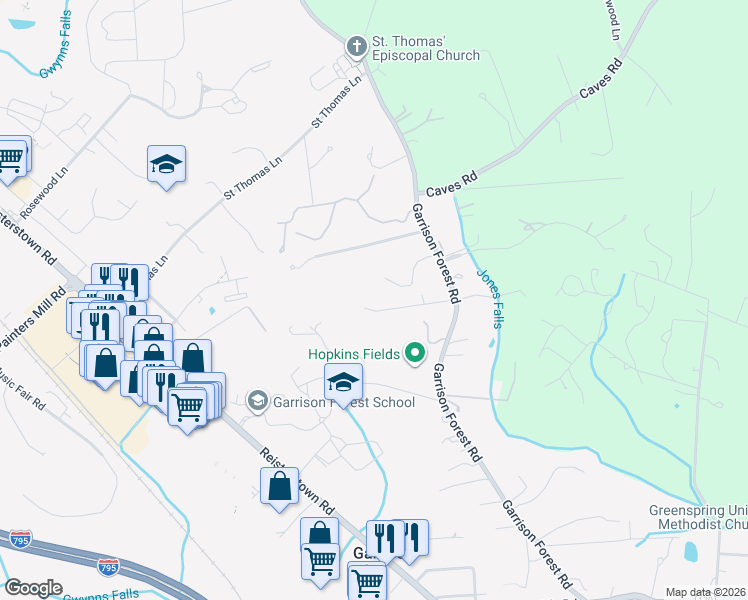 map of restaurants, bars, coffee shops, grocery stores, and more near 324 Garrison Forest Road in Owings Mills