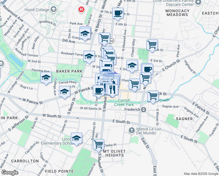 map of restaurants, bars, coffee shops, grocery stores, and more near Birch Bay Court in Frederick