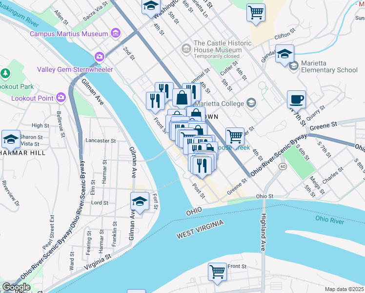 map of restaurants, bars, coffee shops, grocery stores, and more near 275 Front Street in Marietta