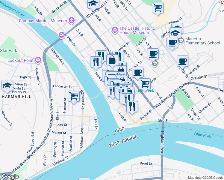 map of restaurants, bars, coffee shops, grocery stores, and more near 275 Front Street in Marietta