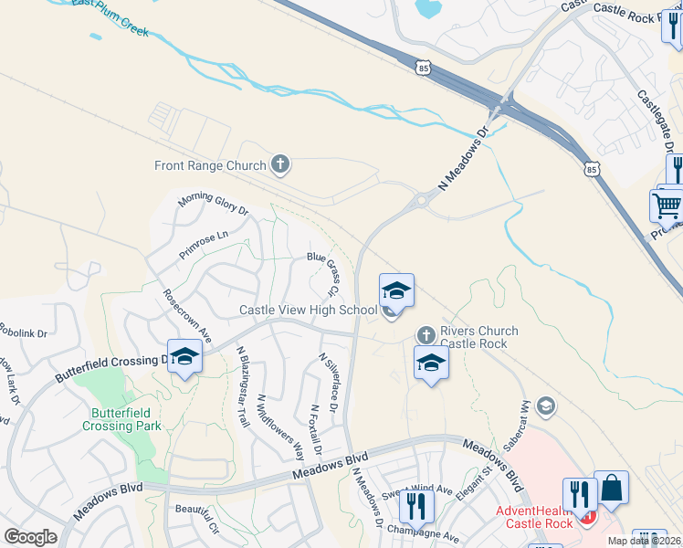 map of restaurants, bars, coffee shops, grocery stores, and more near 3284 Blue Grass Circle in Castle Rock