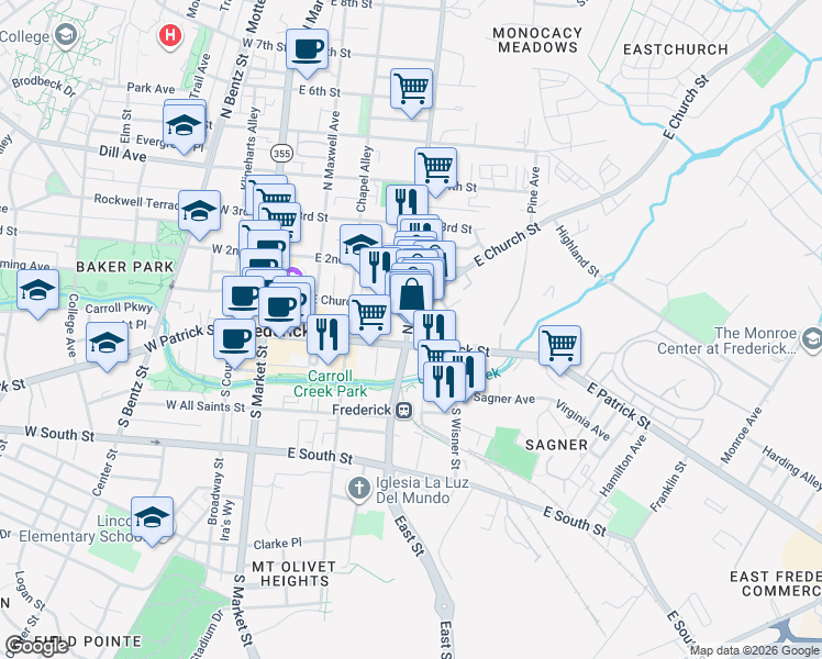 map of restaurants, bars, coffee shops, grocery stores, and more near 321 East Patrick Street in Frederick