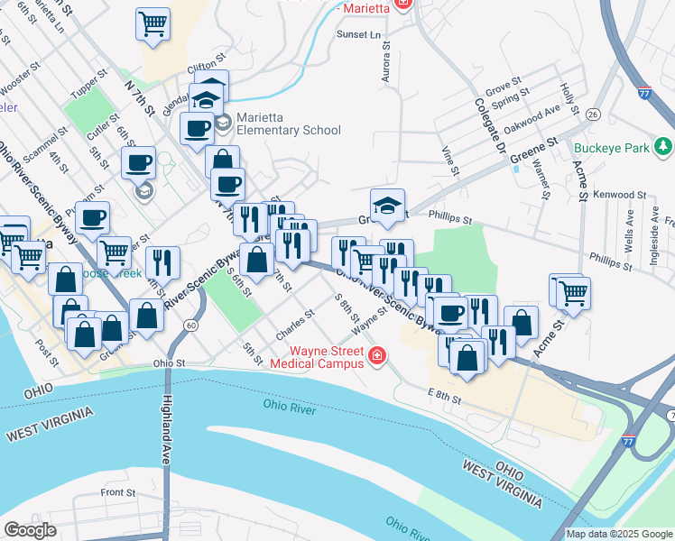 map of restaurants, bars, coffee shops, grocery stores, and more near 207 Pike Street in Marietta