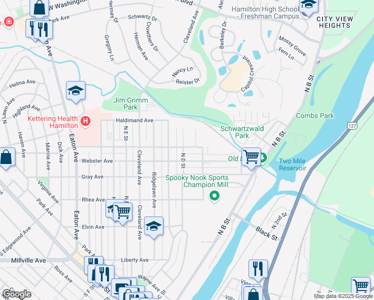 map of restaurants, bars, coffee shops, grocery stores, and more near 225 Cereal Avenue in Hamilton