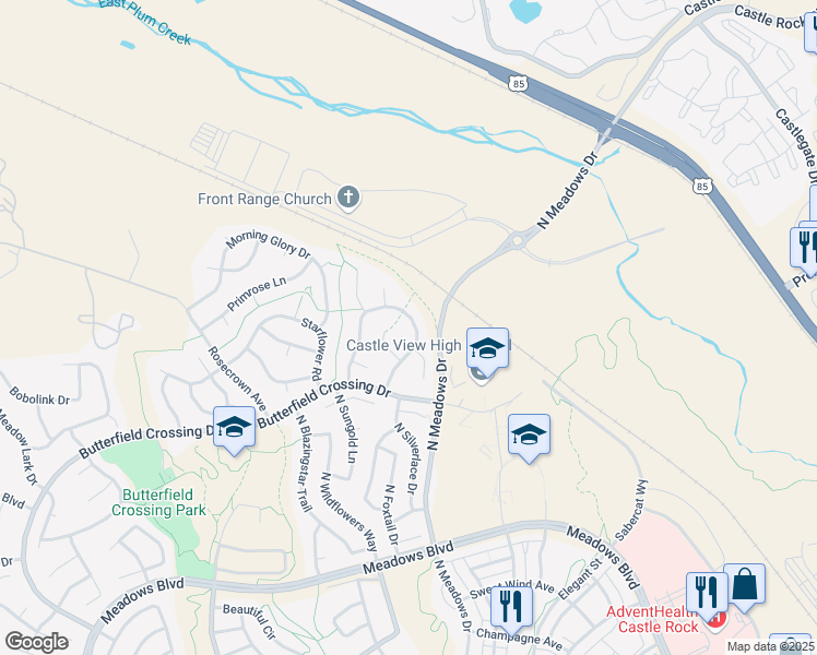 map of restaurants, bars, coffee shops, grocery stores, and more near 3289 Blue Grass Circle in Castle Rock
