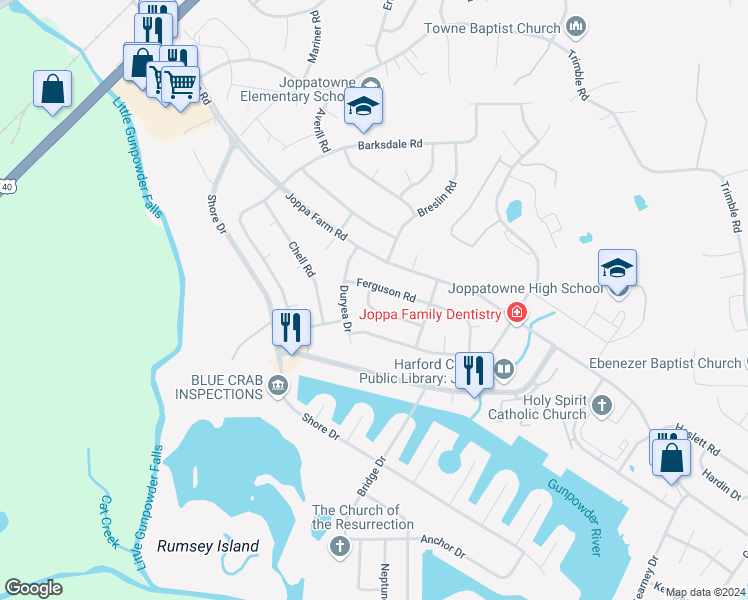 map of restaurants, bars, coffee shops, grocery stores, and more near 817 Foxwell Rd in Joppa