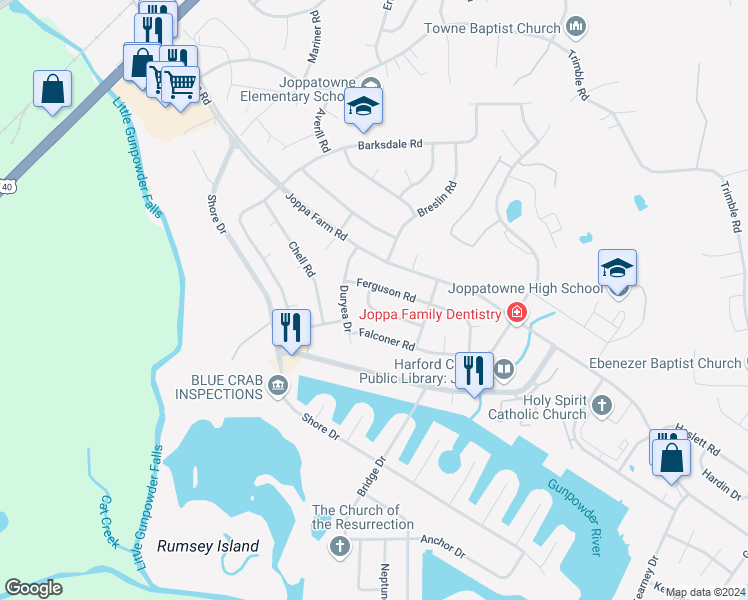 map of restaurants, bars, coffee shops, grocery stores, and more near 817 Foxwell Rd in Joppa