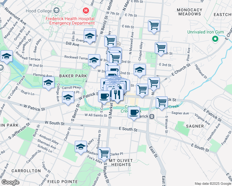 map of restaurants, bars, coffee shops, grocery stores, and more near 9 East Patrick Street in Frederick