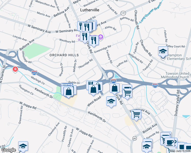 map of restaurants, bars, coffee shops, grocery stores, and more near 11 Dublin Drive in Lutherville-Timonium