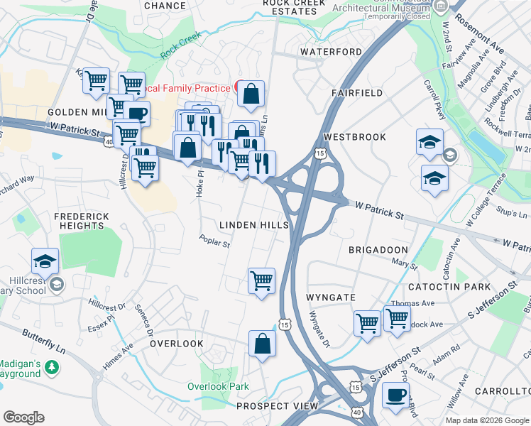 map of restaurants, bars, coffee shops, grocery stores, and more near 910 Walnut Street in Frederick