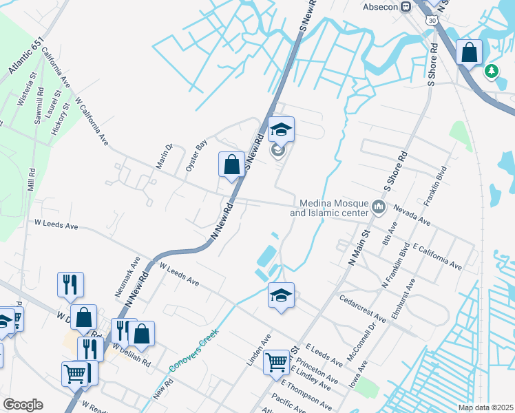 map of restaurants, bars, coffee shops, grocery stores, and more near 10 Manor Drive in Absecon