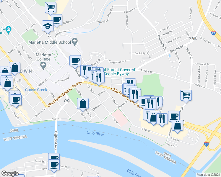 map of restaurants, bars, coffee shops, grocery stores, and more near 200 Ohio River Scenic Byway in Marietta