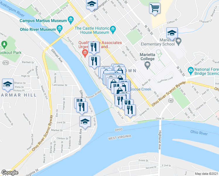 map of restaurants, bars, coffee shops, grocery stores, and more near 292 1/2 Front Street in Marietta