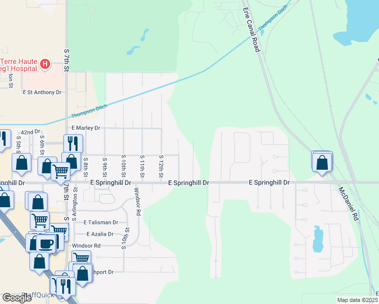 map of restaurants, bars, coffee shops, grocery stores, and more near 4200-4498 South Hilton Street in Terre Haute
