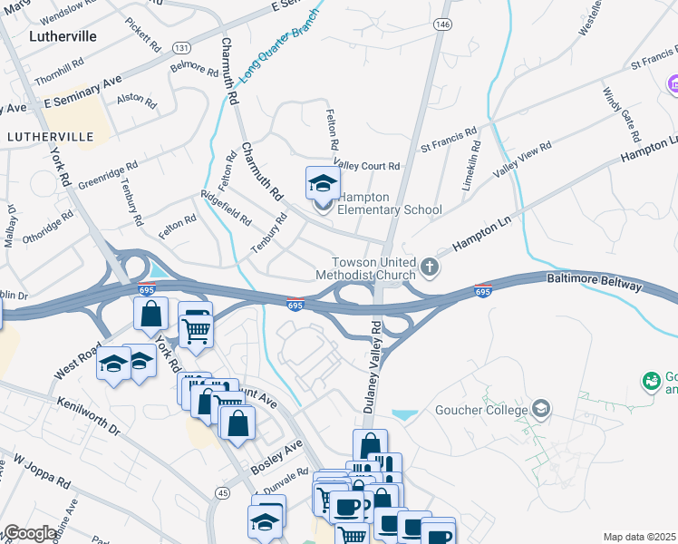 map of restaurants, bars, coffee shops, grocery stores, and more near 233 Meadowvale Road in Lutherville-Timonium