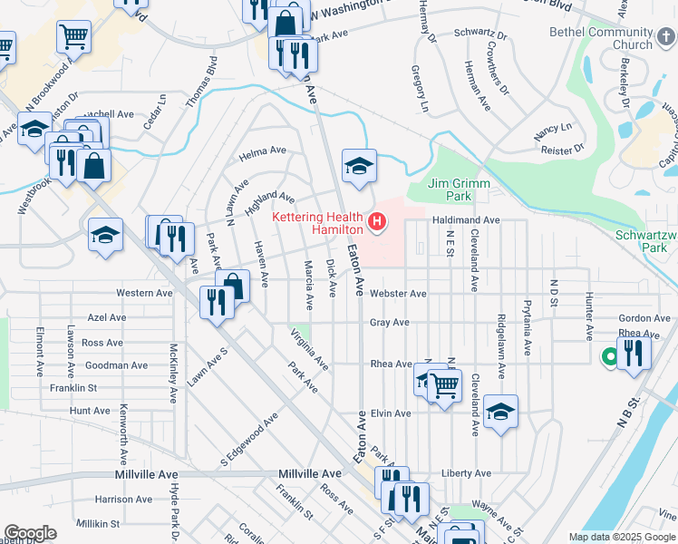 map of restaurants, bars, coffee shops, grocery stores, and more near 502 Dick Avenue North in Hamilton
