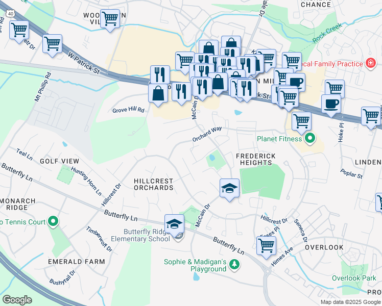map of restaurants, bars, coffee shops, grocery stores, and more near 1377 David Lane in Frederick