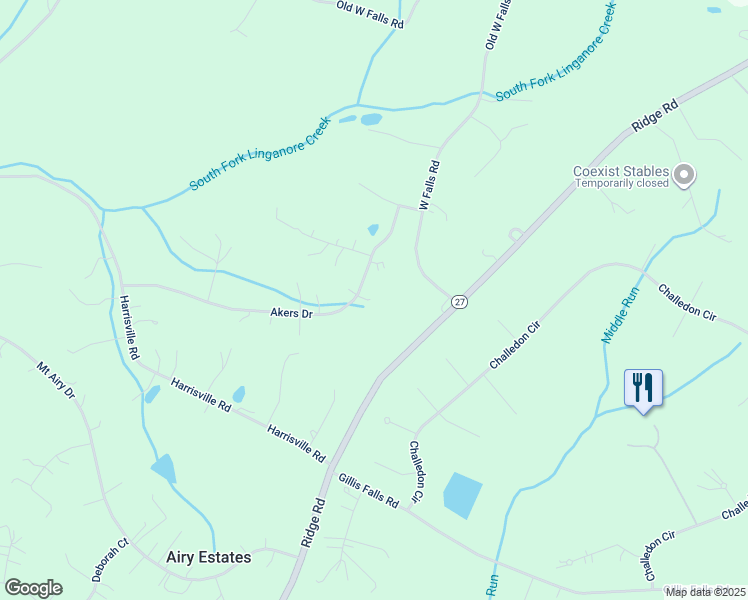 map of restaurants, bars, coffee shops, grocery stores, and more near 3795 Akers Drive in Mount Airy